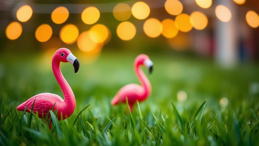 Pink lawn flamingos in front of string lights