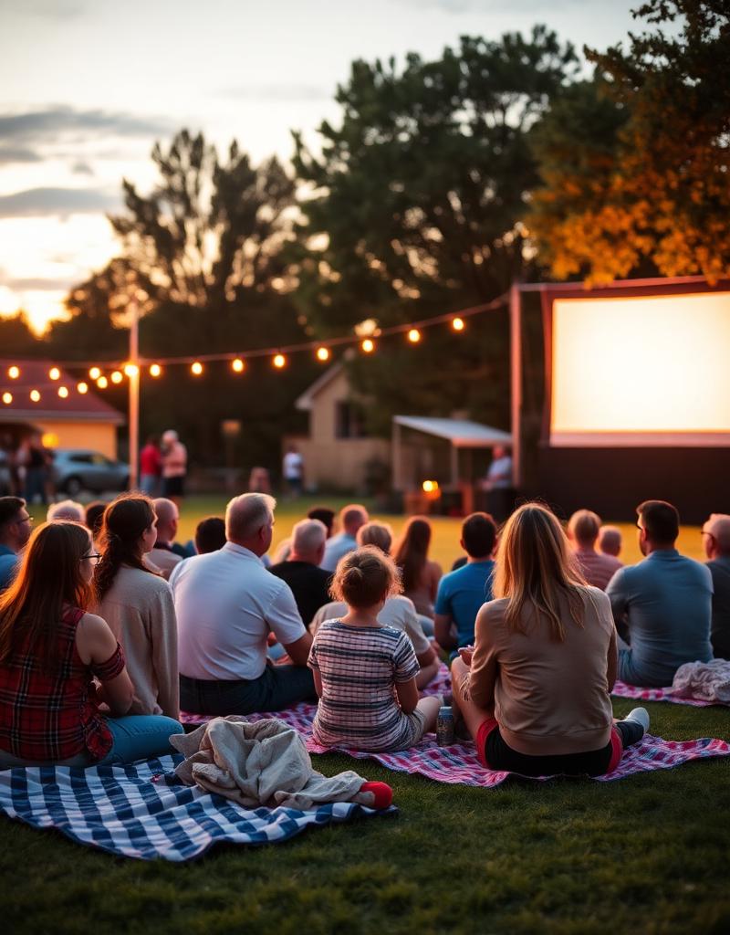 Families on blankets watching an outdoor movie